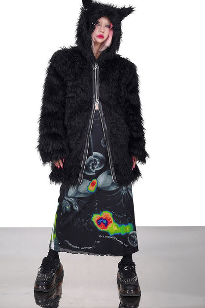 3D Cat Ears Hooded Faux Fur Jacket
