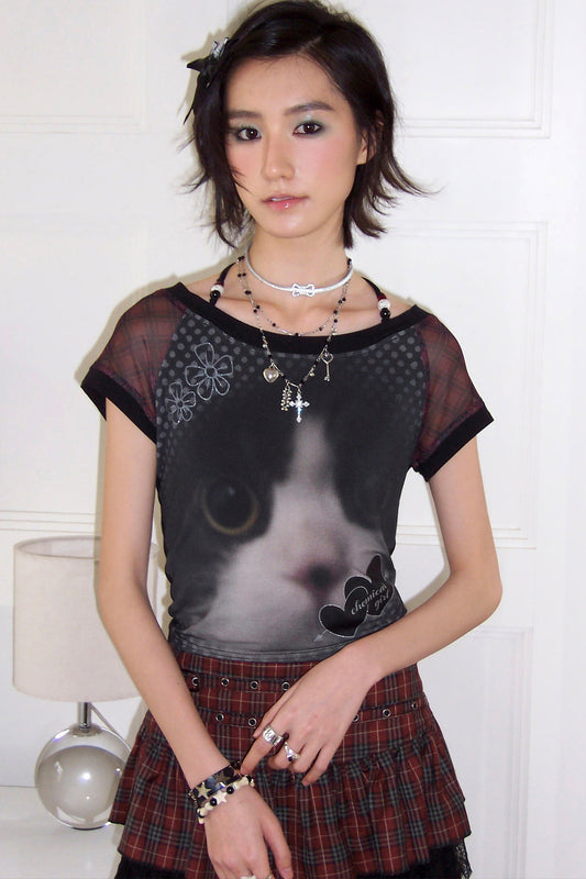 Cat Print Short Sleeve Top