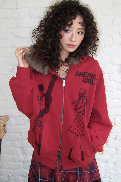 Distressed Fur Collar Hooded Cardigan