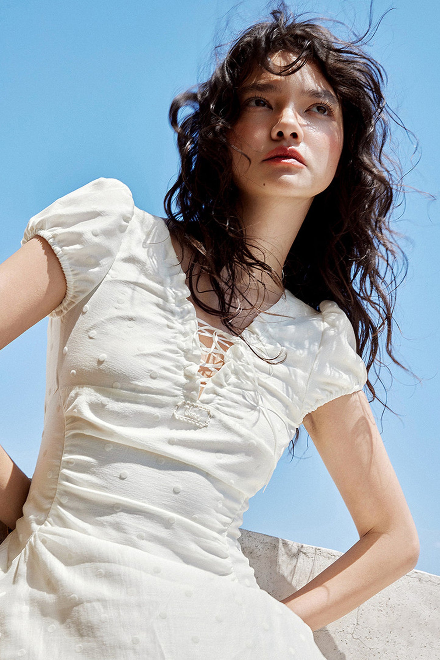 White Ruched V-Neck Short Dress