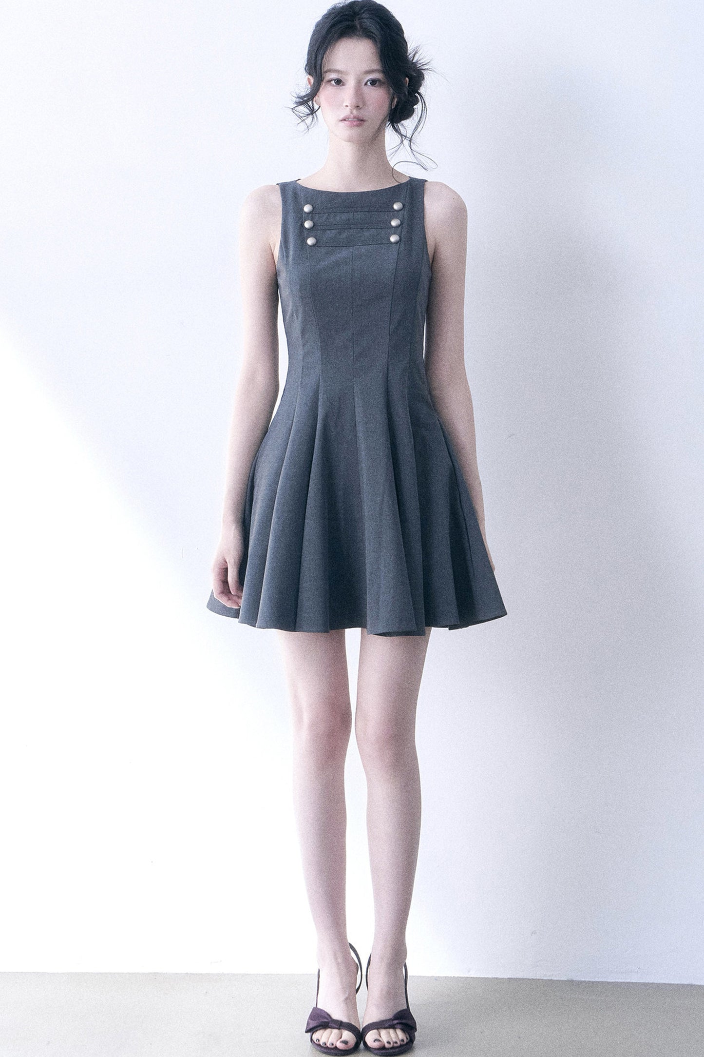 Decorative Button Sleeveless Flared Dress