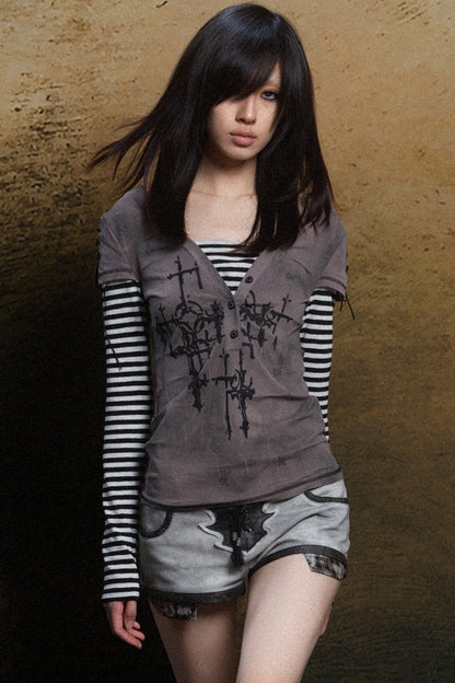 Cross Print Layered-Look V-Neck T-Shirt