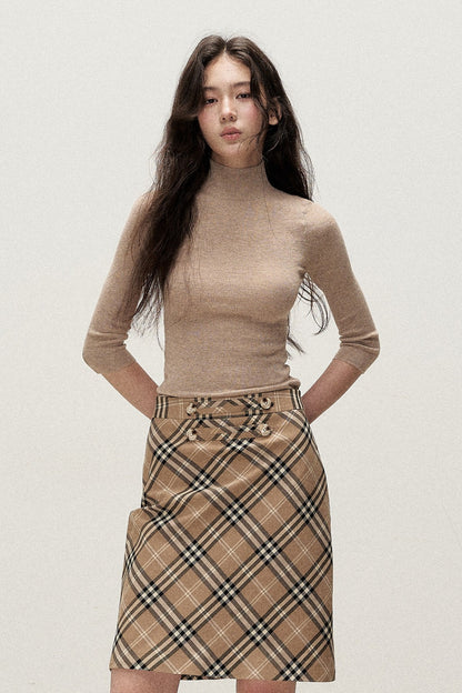 Milk Brown Plaid Napoleon Button Skirt
