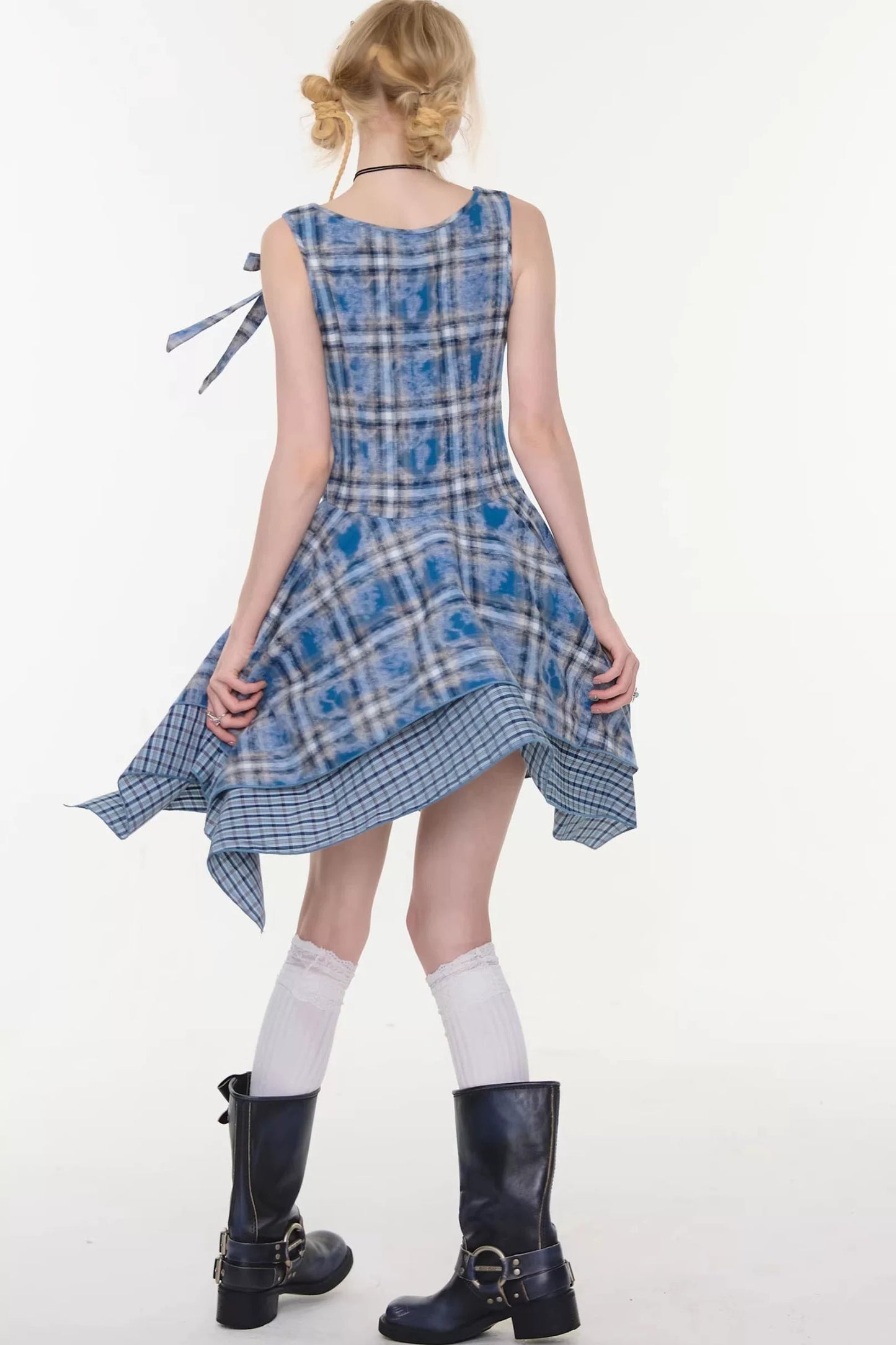 Irregular Blue Plaid Camisole Dress