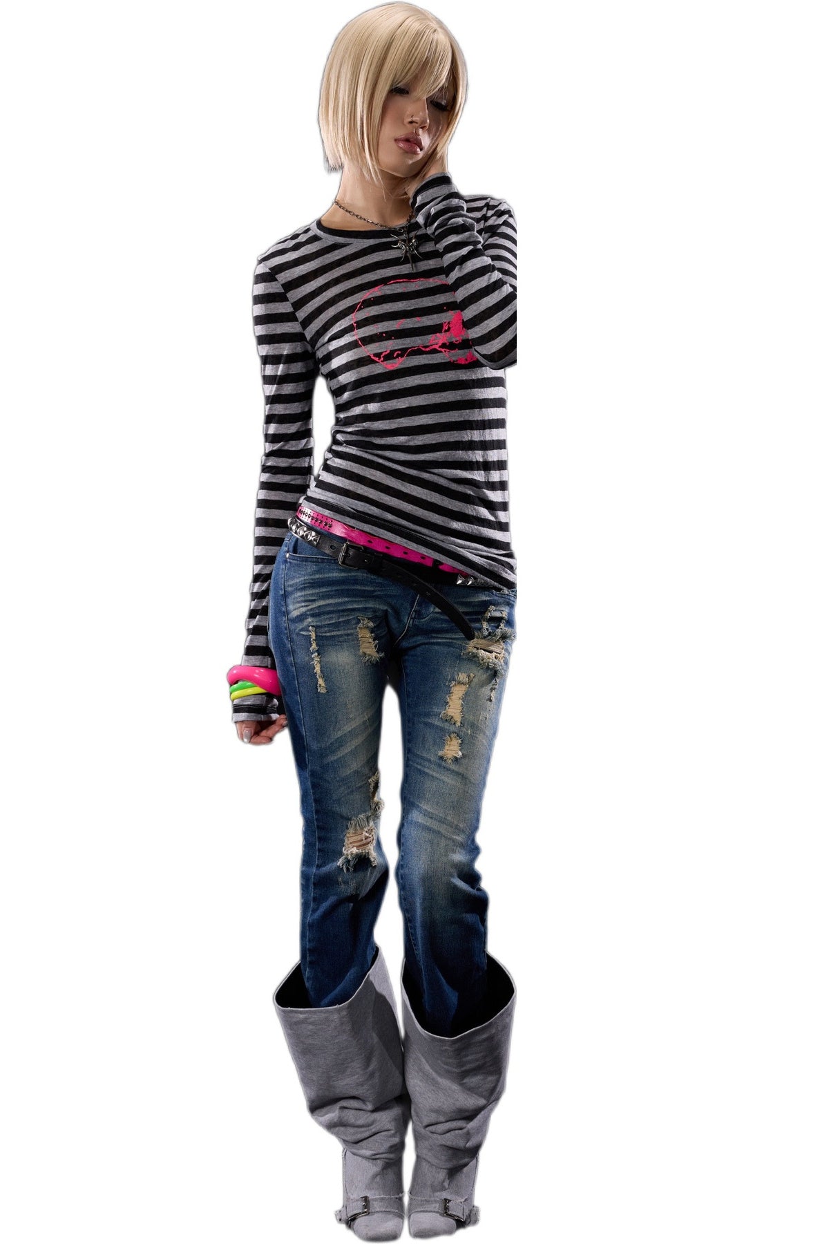 Distressed Cross-Studded Flared Jeans