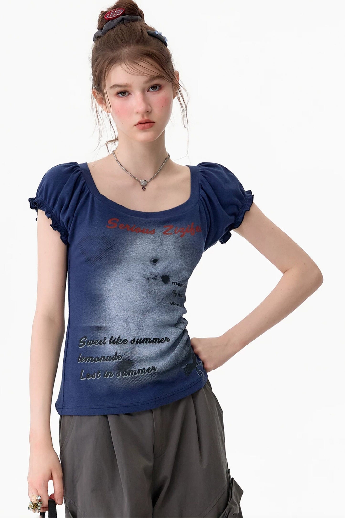 Dark Blue Puff Sleeve T-Shirt