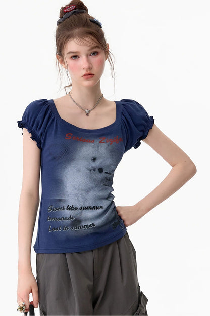 Dark Blue Puff Sleeve T-Shirt