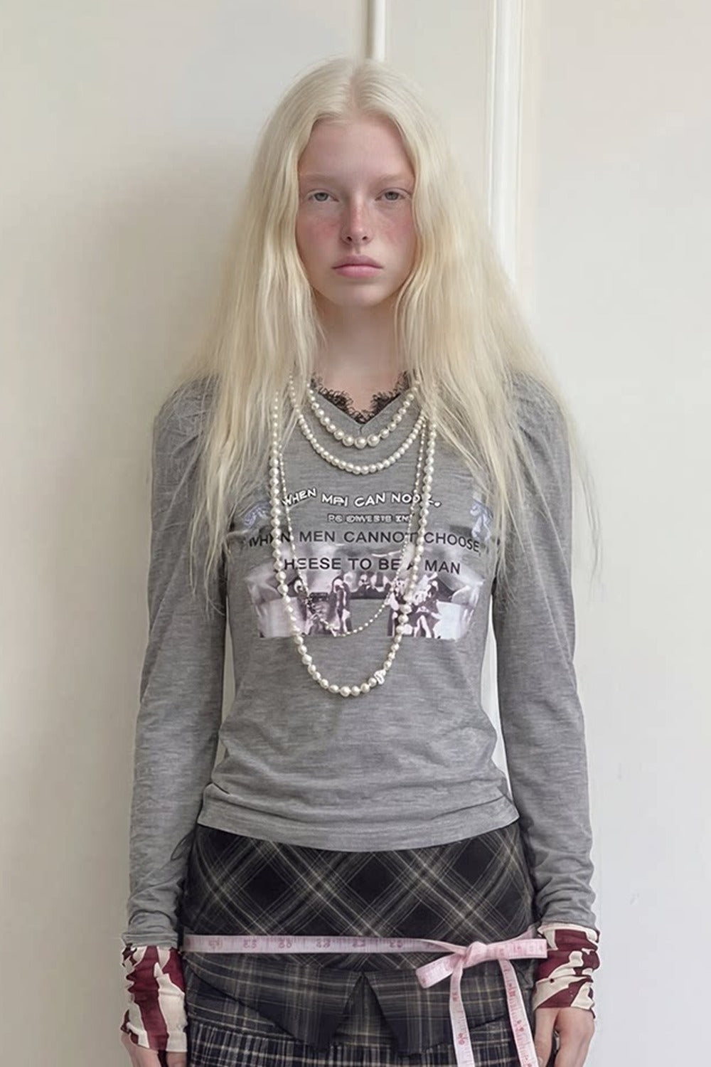 Gray Lace Patchwork Long-Sleeved T-shirt