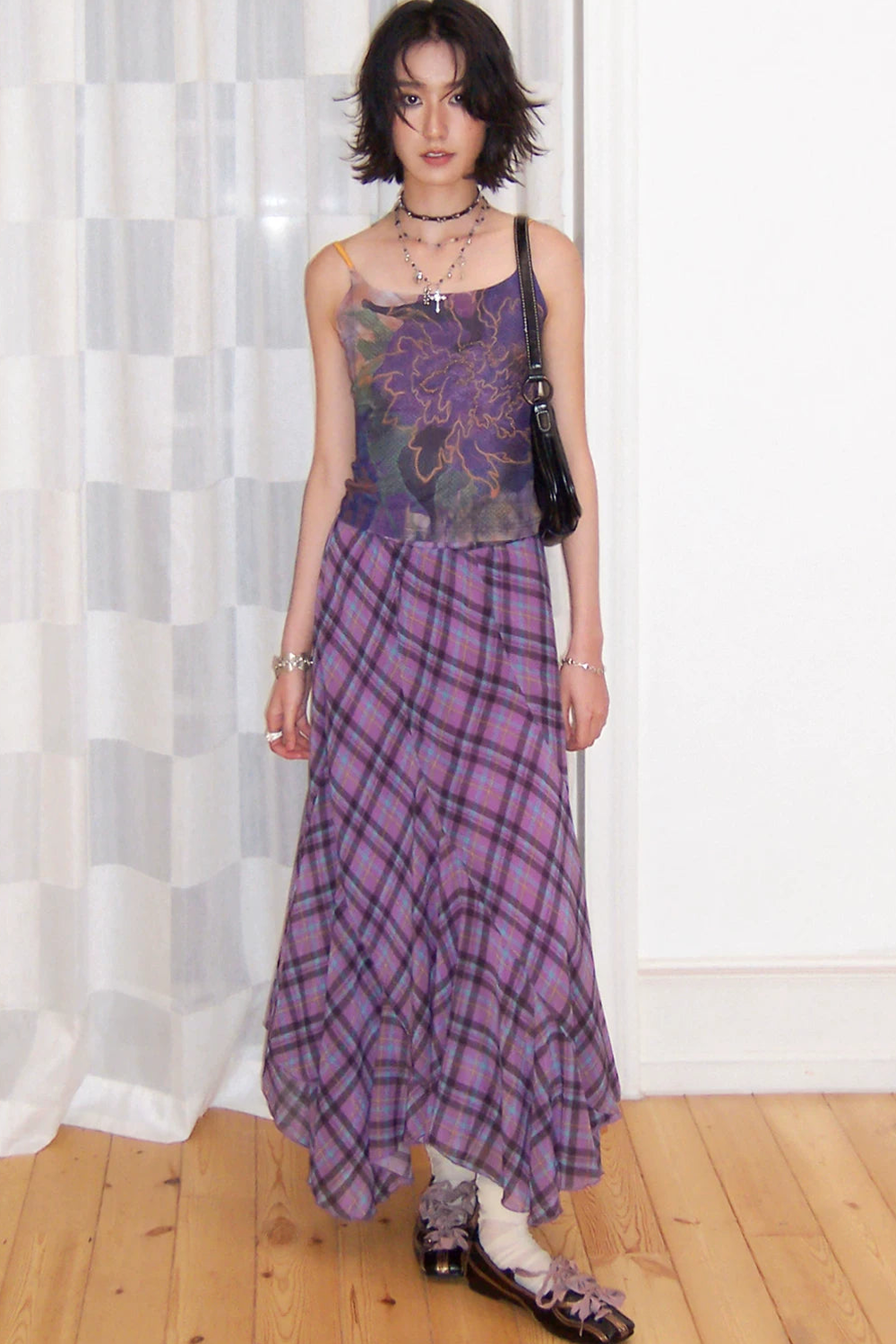 Asymmetrical Color-Block Plaid Chiffon Skirt