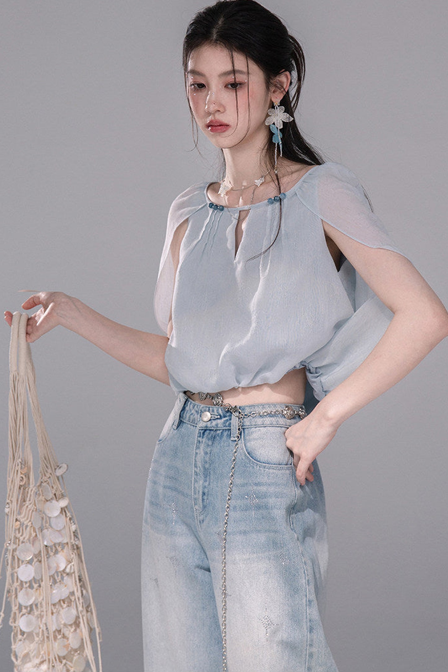Elegant Ice Blue Linen Cape Set