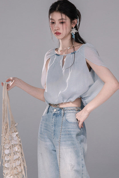 Elegant Ice Blue Linen Cape Set
