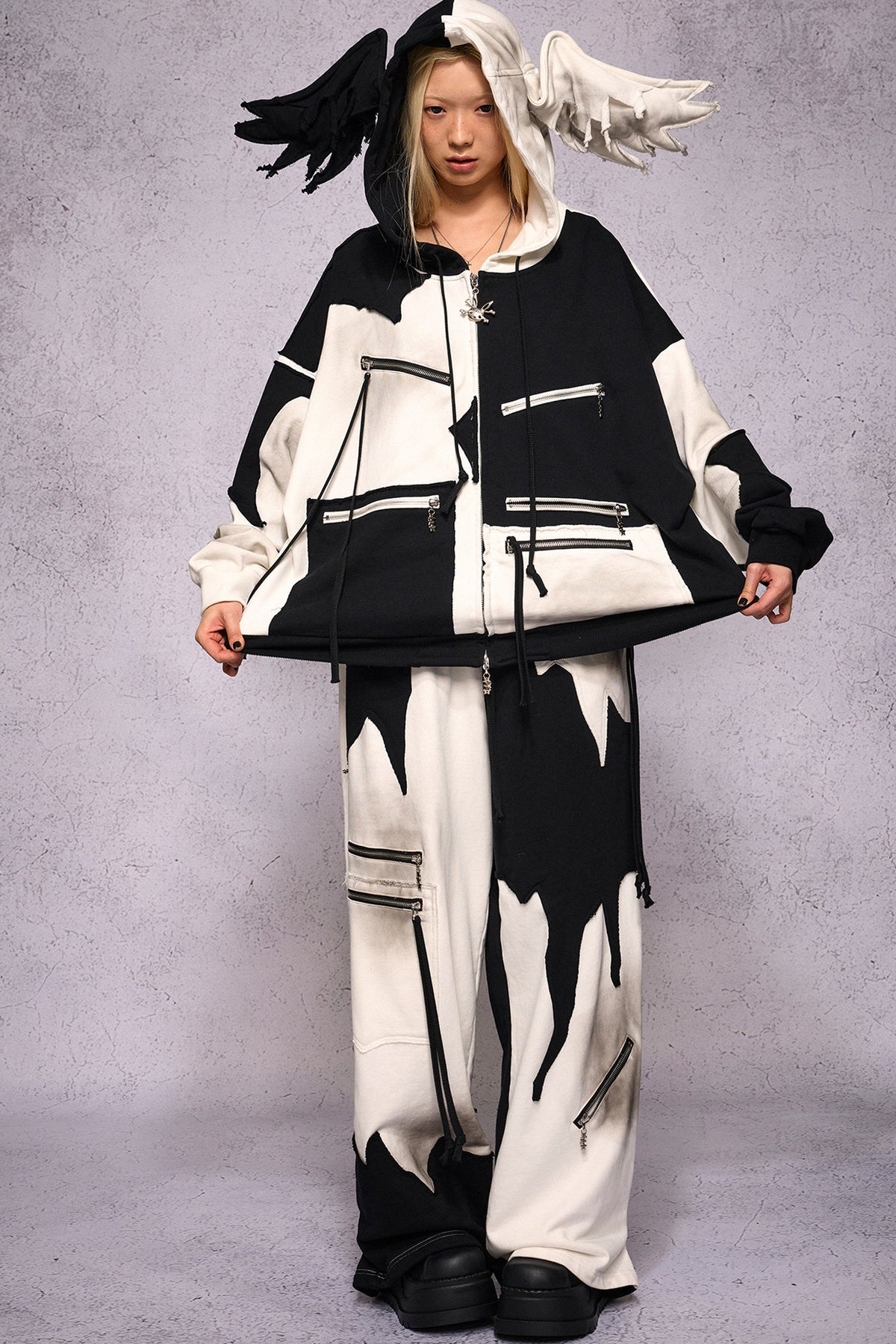Distressed Black White Angel Zipper Hoodie