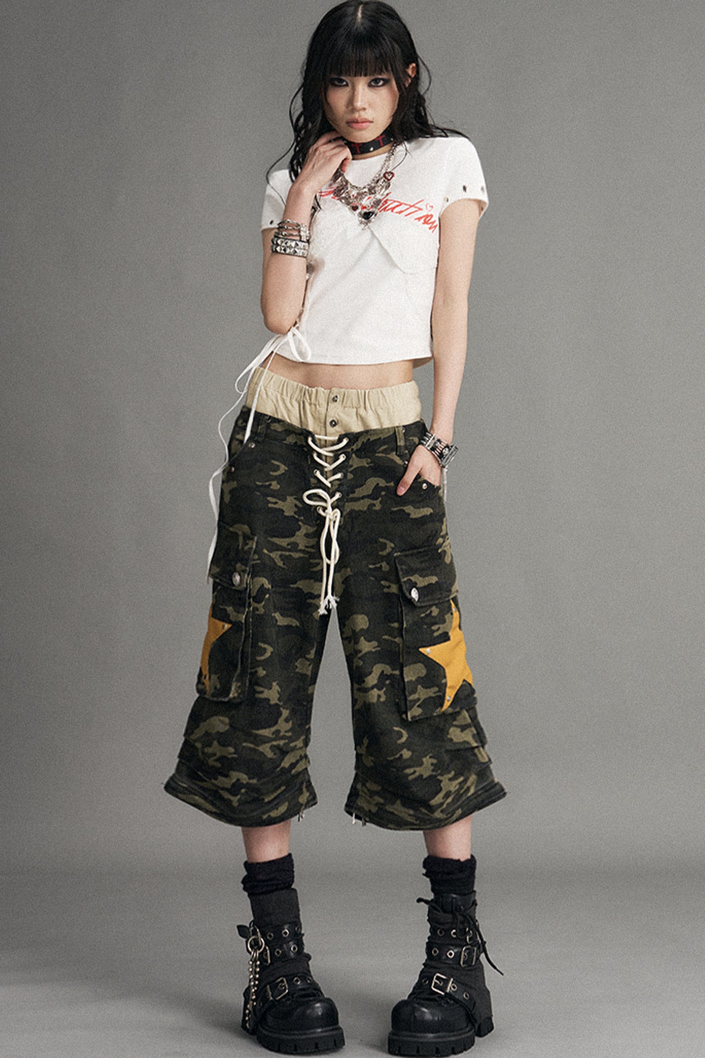Punk Lace-Up Graphic Print Top