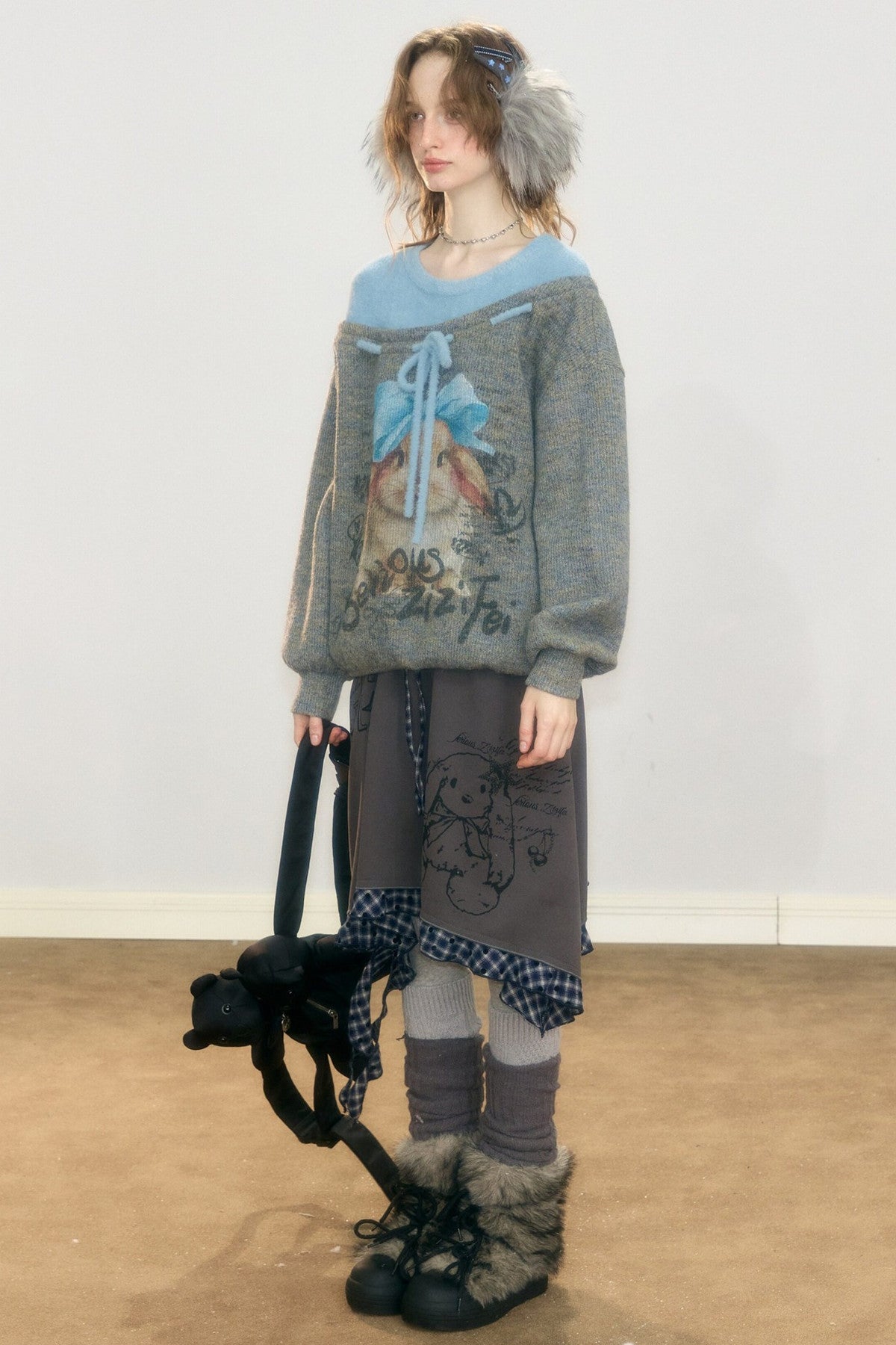 Plaid Graffiti Rabbit Irregular Hem Skirt