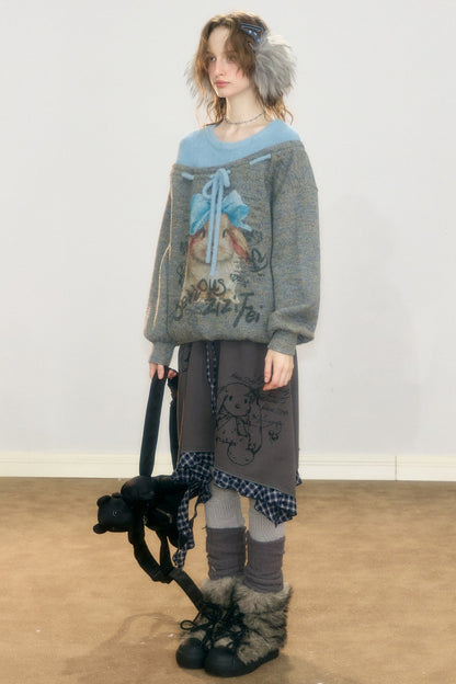 Plaid Graffiti Rabbit Irregular Hem Skirt