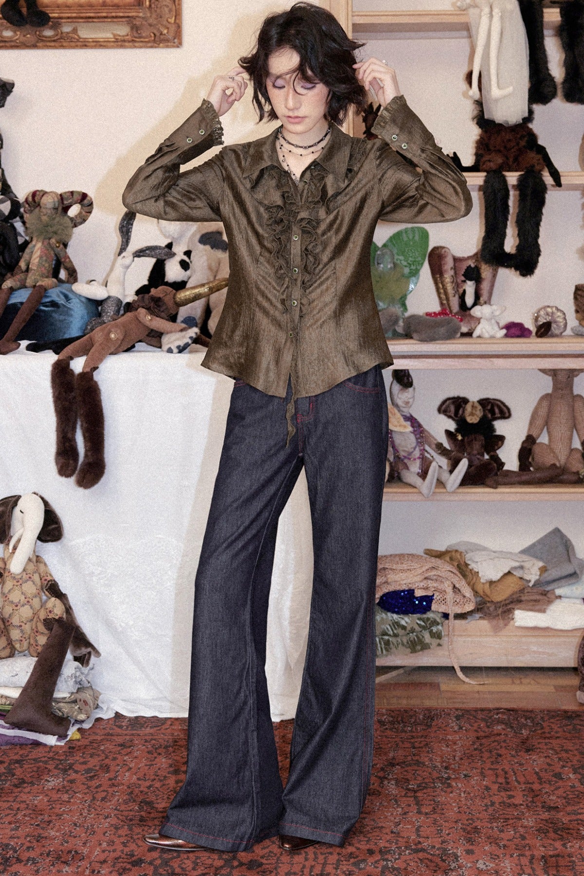 Ruffled Acetate Chiffon Shirt and Skirt Set-Up