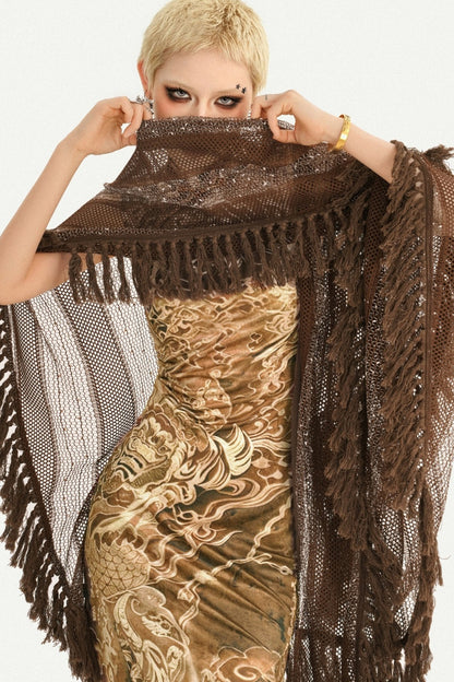 Long Brown Tassel Mesh Cardigan
