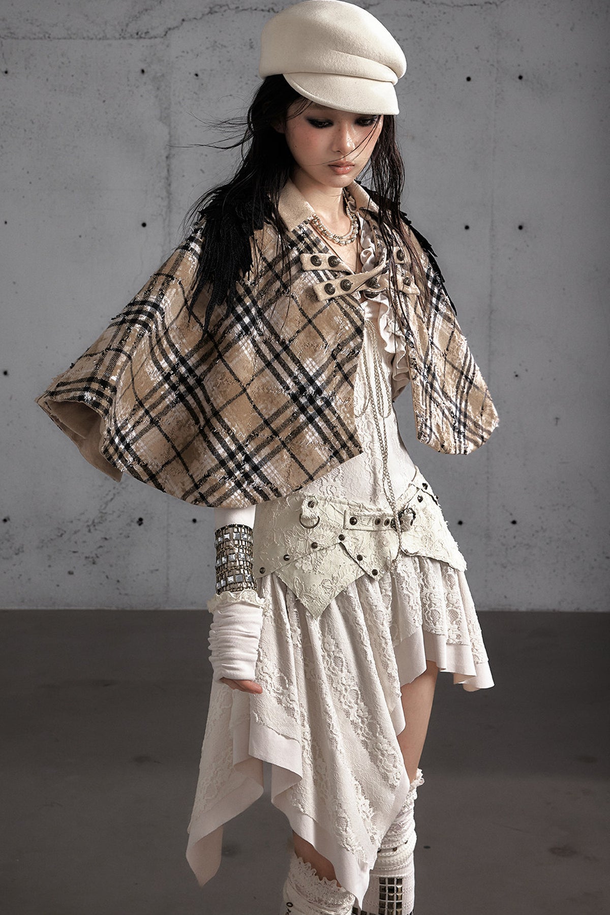 Reversible Wool Blend Plaid Cape