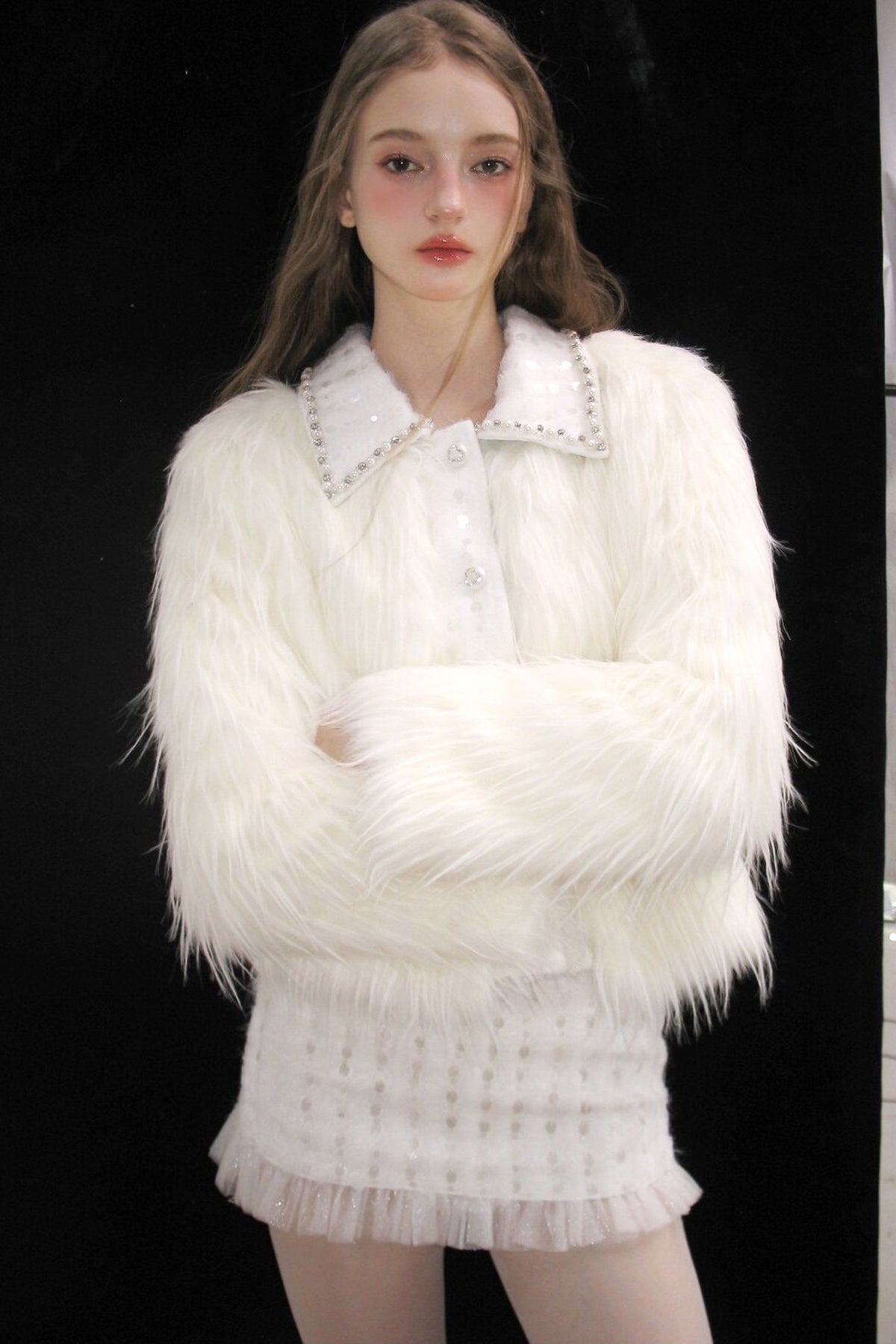 Snow Mountain Silver-White Long-Haired Fur Coat and Skirt Set-Up