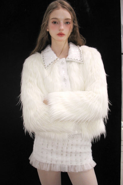 Snow Mountain Silver-White Long-Haired Fur Coat and Skirt Set-Up