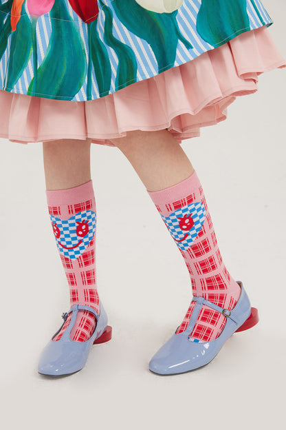 Pink Plaid Heart Smiley Socks