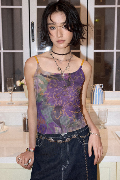 Floral Rhinestone Mesh Camisole