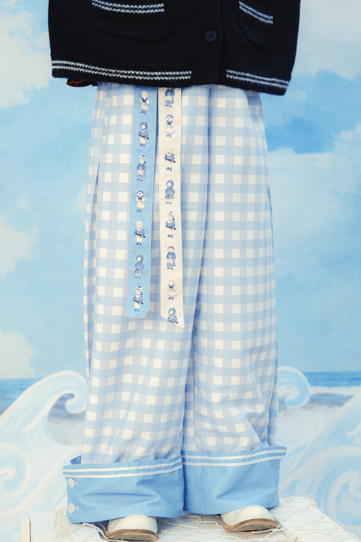 Blue And White Plaid Wide-Leg Pants