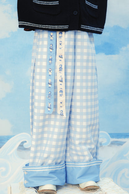 Blue And White Plaid Wide-Leg Pants