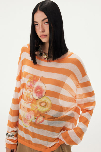 Gestreifte Bluse mit Fruchtprint und asymmetrischer Schulter