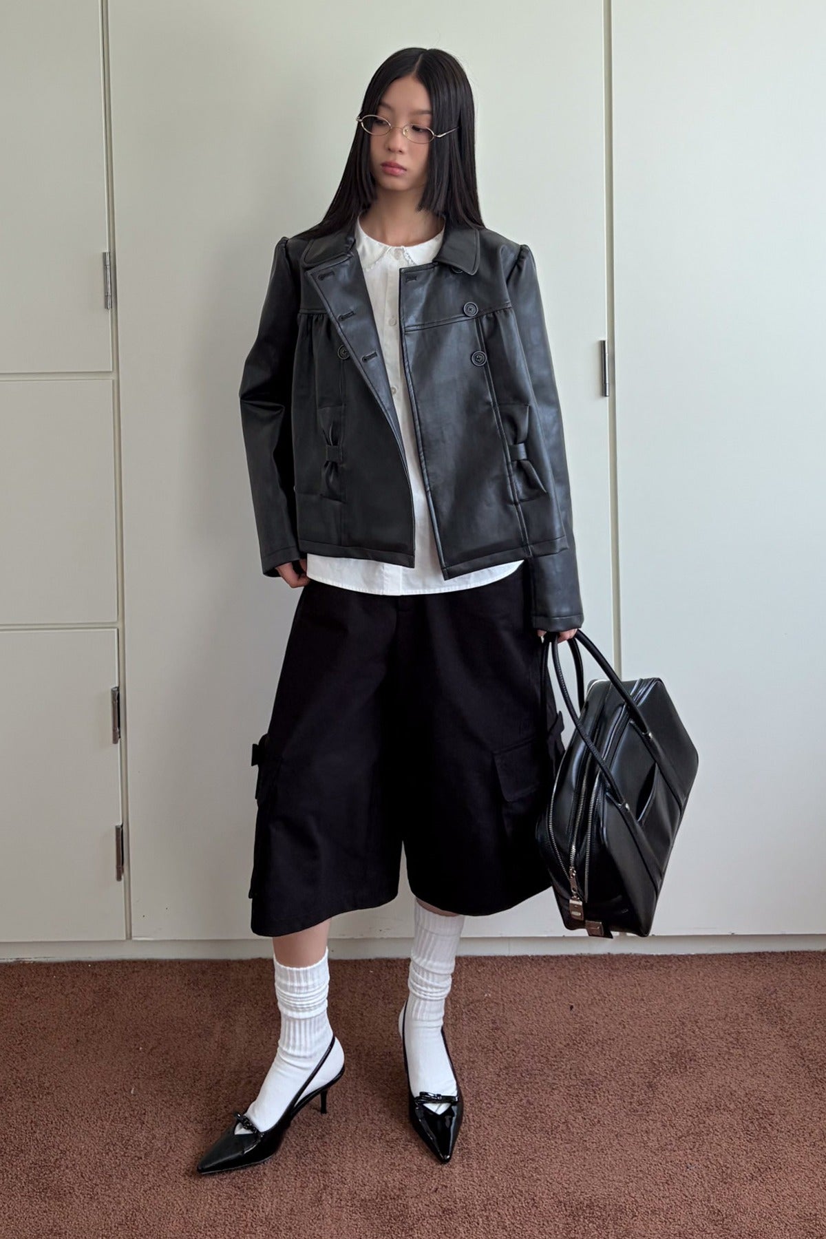 Double-Breasted Bow Pocket Leather Jacket
