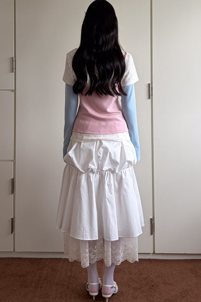 White Lace Trim Puffy Mid-Length Skirt
