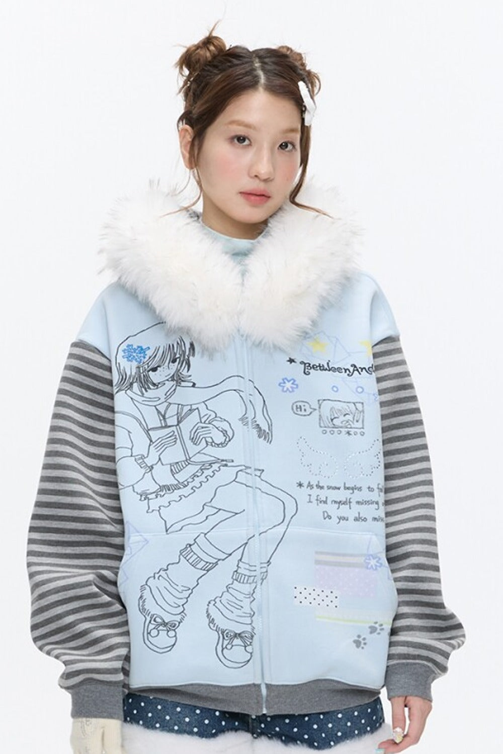 Striped Raglan Fur Collar Jacket
