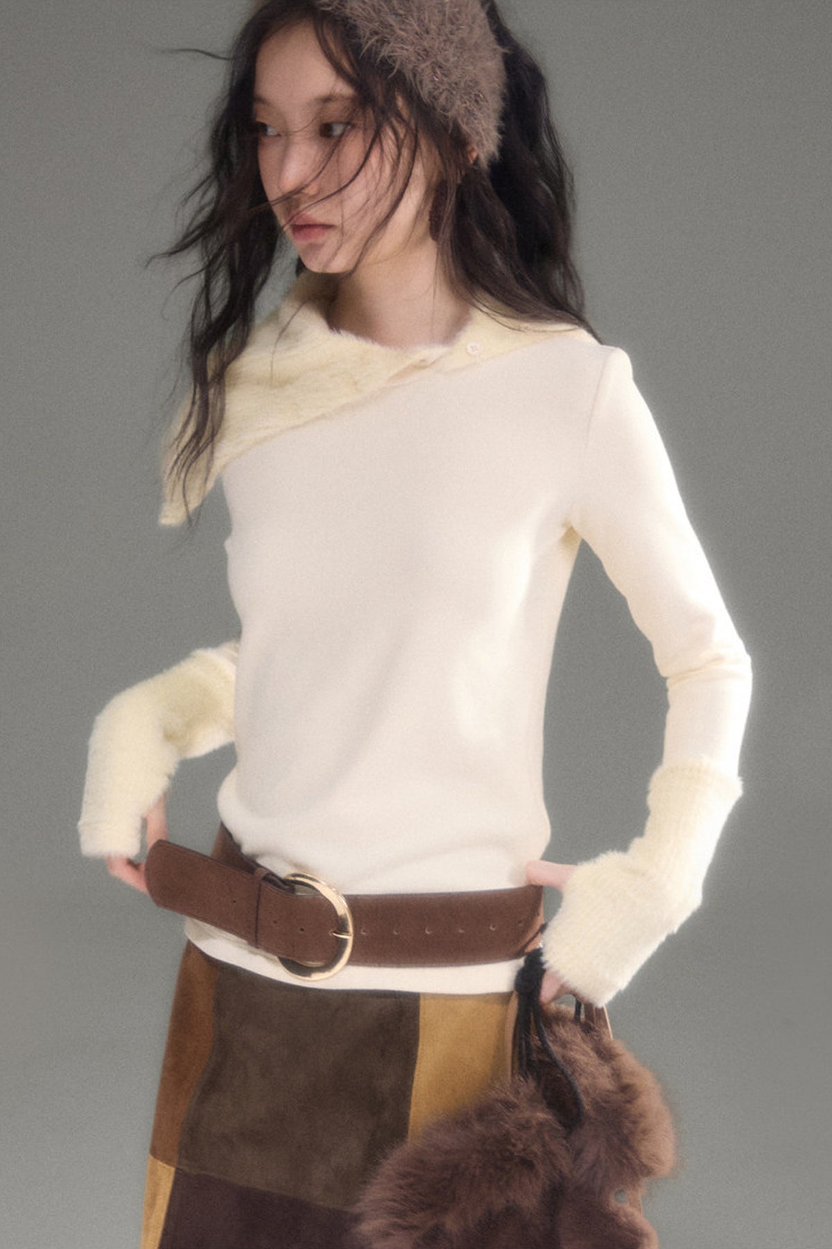 Slim Fit Plush Diagonal Lapel Knit Top