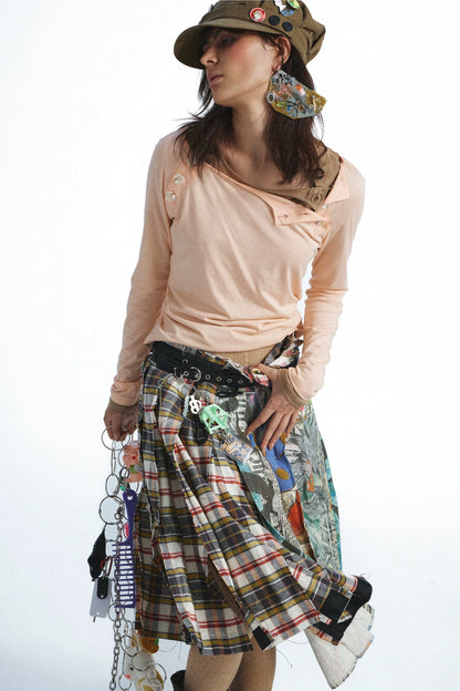 Plaid Graffiti Patchwork Pleated Skirt