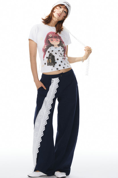 Navy Lace Trim Pants