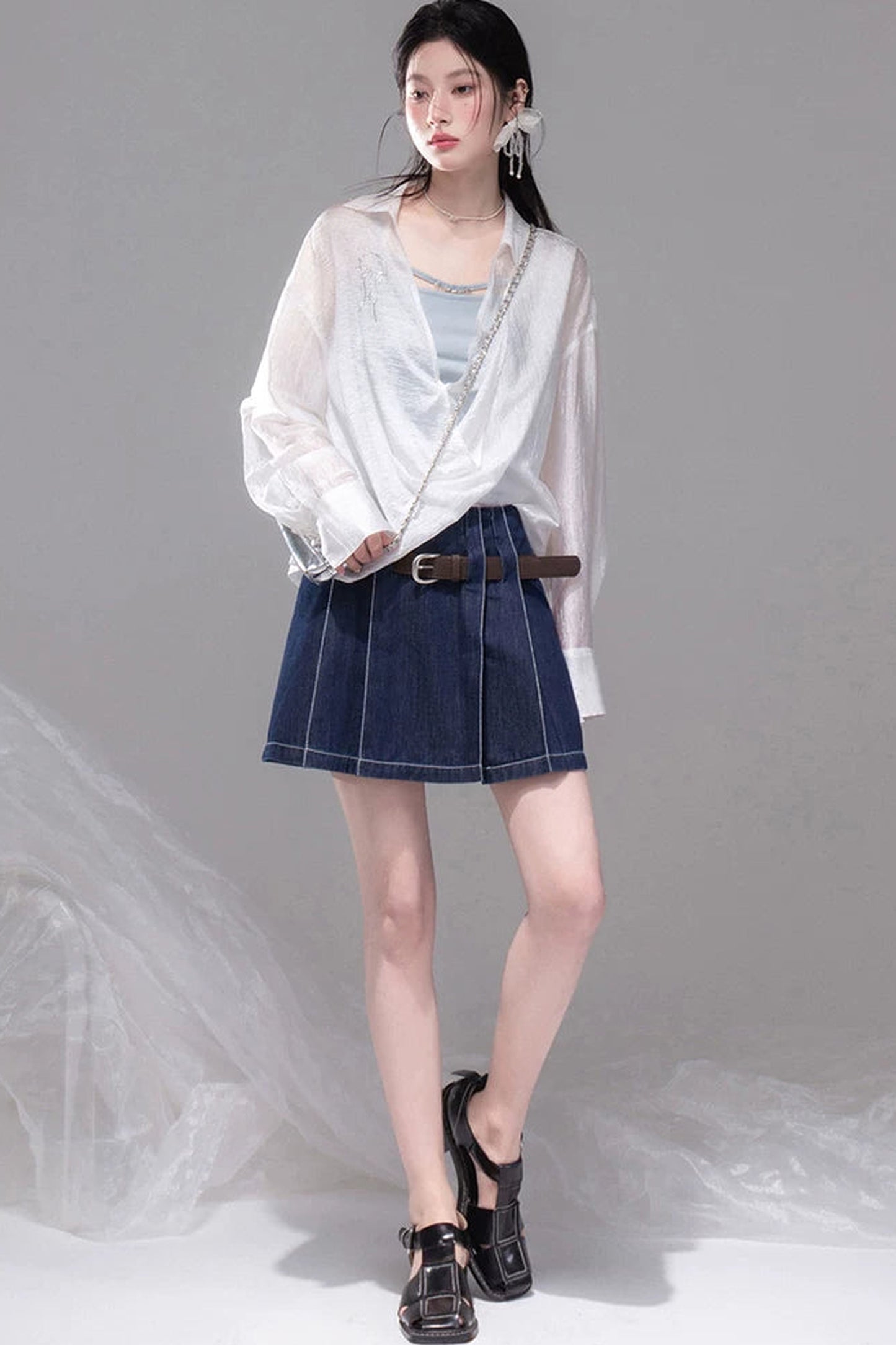 Night Blue Pleated Denim Skirt