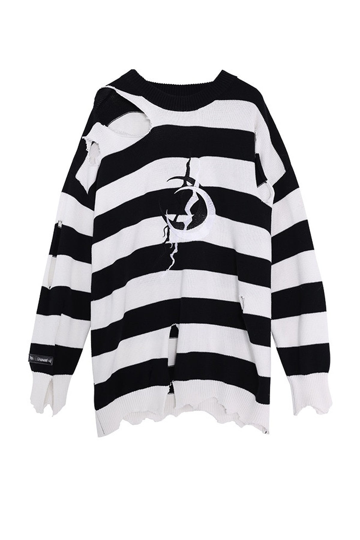 Loose Offset Embroidery Distressed Striped Sweater