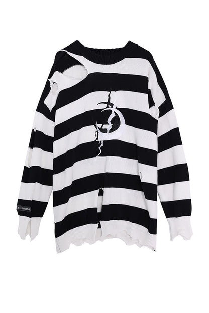 Loose Offset Embroidery Distressed Striped Sweater
