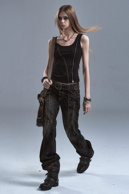 Washed Denim Flared Punk Pants