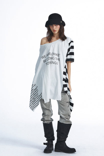 Vintage Letter Patchwork Stereo Cut Robe-Style T-shirt