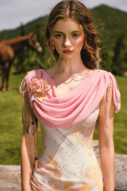 Long Floral Draped Collar Dress Set-Up