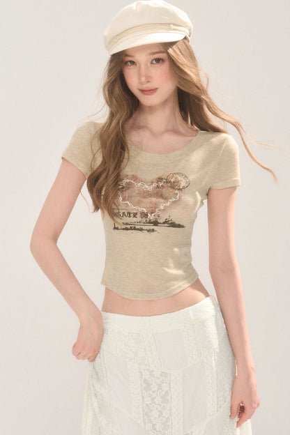 Heart Graphic Print Curved Hem Crop T-Shirt