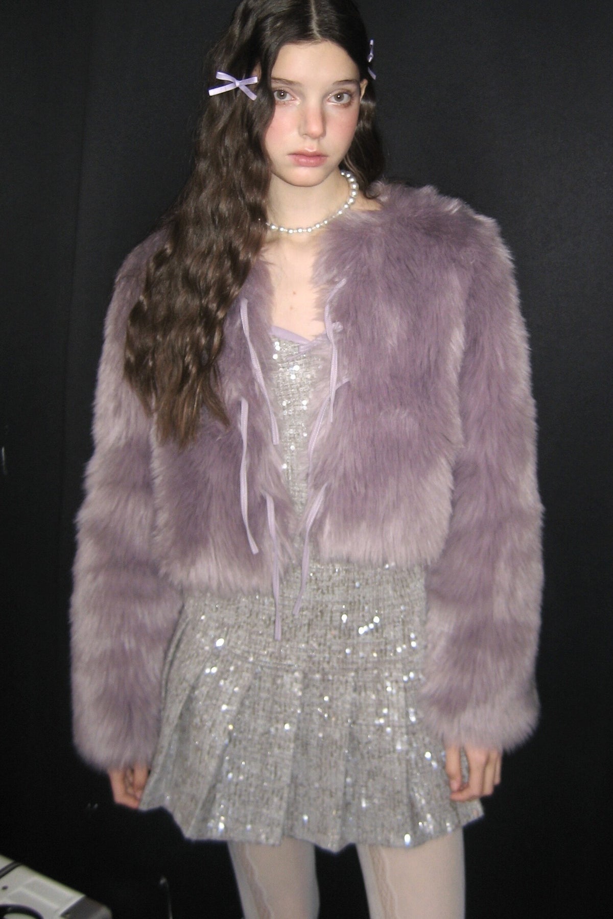 Cream Purple Bow Fur Jacket