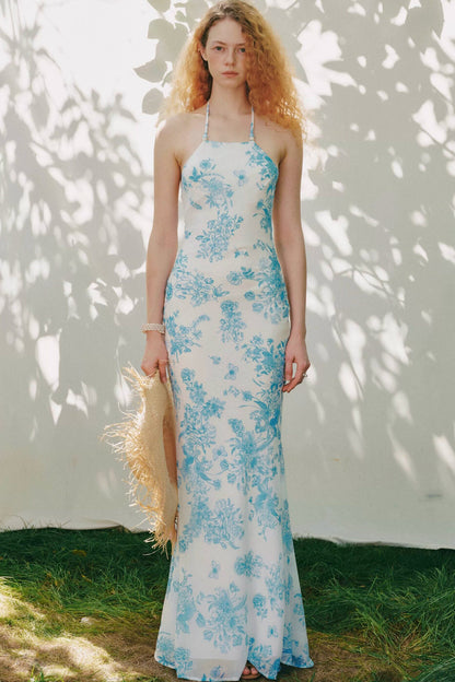 Blue Porcelain Floral Halter Maxi Dress
