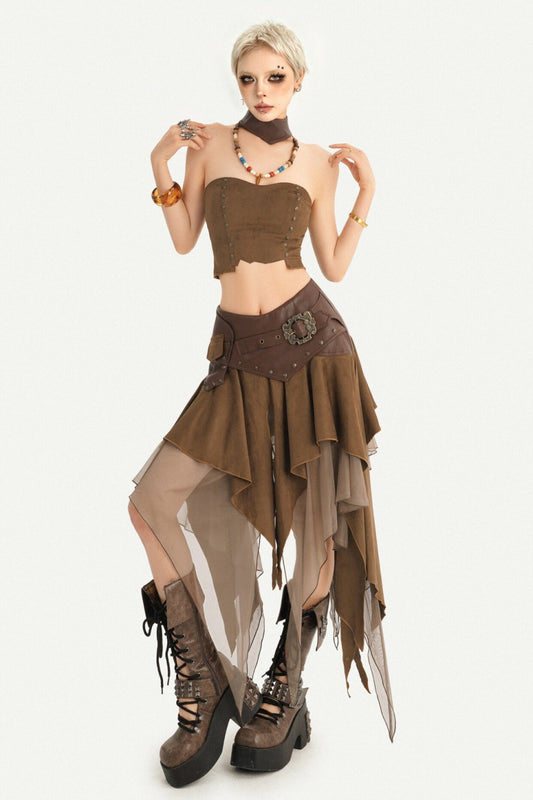 Patchwork Faux Suede Skirt and Top Set-Up