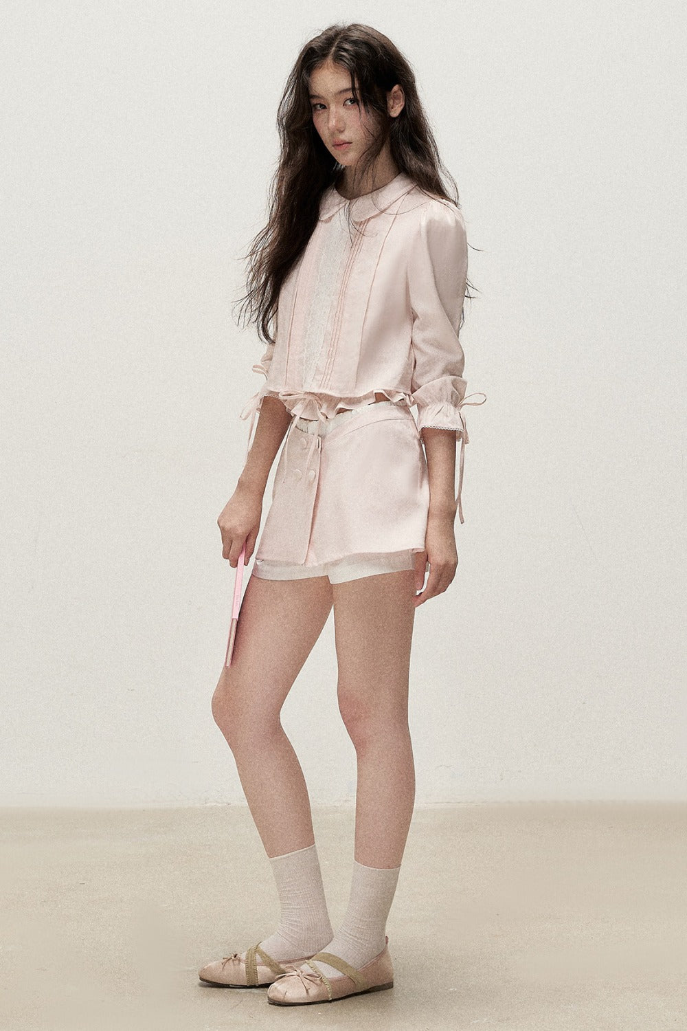 Mist Pink Lyocell Linen Mid-Sleeve Tuck Pleat Shirt Skirt Set-Up