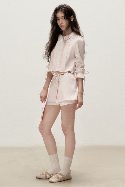 Mist Pink Lyocell Linen Mid-Sleeve Tuck Pleat Shirt Skirt Set-Up