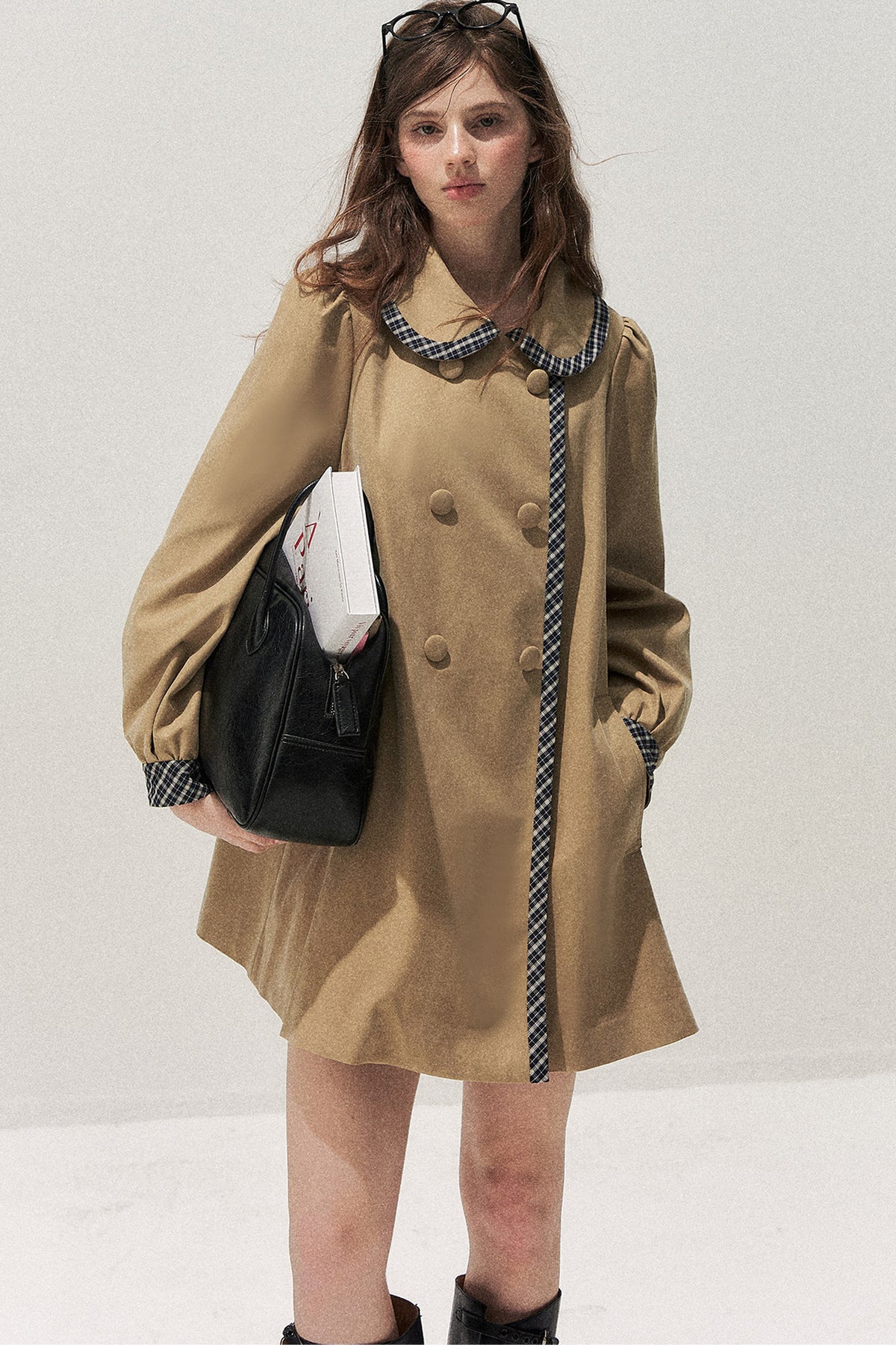 Doll Collar Double-Breasted Plaid Trench Coat