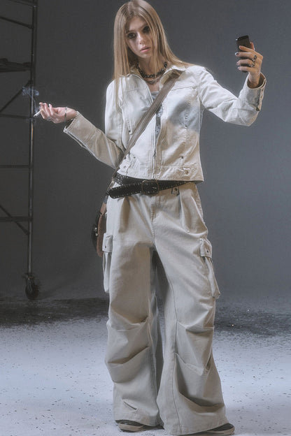 Wide-Leg Cargo Rivets And Embroidery Pants