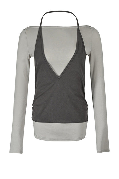 Lyocell Halter Neck Layered-Look T-Shirt